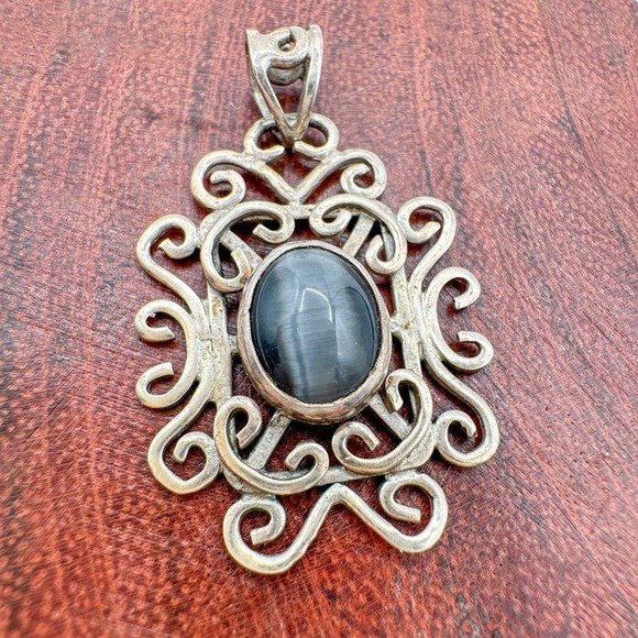 Vintage Sterling Silver 925 Gray Labradorite Filigree Pendant 90s Grunge Celtic - Picture 11 of 12